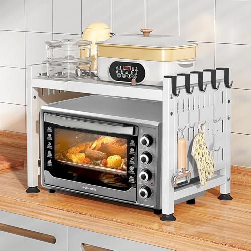 UCAMP Erweiterbares Mikrowellen Regal 2-Stufiges Mikrowellenregal aus Kohlenstoffstahl,Mikrowellenständer mit 10 Haken Küchen-Organizer-Rack Mikrowellen Arbeitsplatte Bäckerregale,Weiß