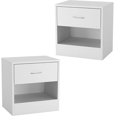 URBNLIVING Set of 2- Small Modern Single Drawer Wooden Bedside & Nightstand Storage Table (White)