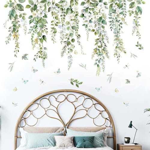 Hanging Leaves Wall Stickers for Bedroom: Peel and Stick Green Vine Tree Leaf Wall Decals - Living Room Bathroom Kitchen Office Nursery