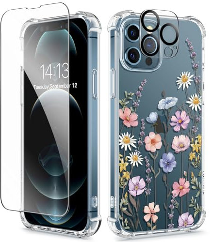 GVIEWIN kompatibel mit iPhone 12 Hülle/iPhone 12 Pro Hülle 6,1 2020, mit Displayschutz Schutzfolie+Kamera Schutzfolie, Blume Klar TPU Dünn Stoßfest Kratzfestes Handyhülle Schutzhülle (Malve/Bunt)