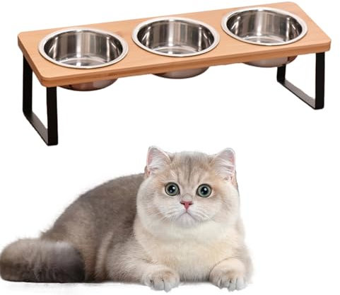 Elevated Cat Food Bowls 15° TiltedStainless Steel Raised Feeding Bowls with Wooden Stand Adjustable Height Elevated Feeder Bowls for Cats and Small Dogs Anti Vomit Anti Slip (3 Bowls)