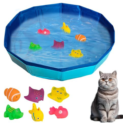 Piscina para gatos con juguetes, juguete de piscina plegable portátil, juguete para gatos de interior aburridos, alfombra de agua para gatos y perros (azul (50 x 8 cm)