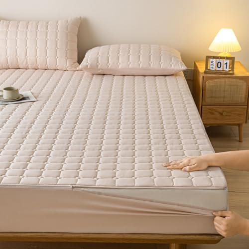 Coprimaterasso con Cerniera Matrimoniale 160x190/200 Personalizzabile Fodera Materasso Singolo Trapuntata/Imbottito Lenzuolo Copri Proteggi Materasso Topper Lavabile Rivestimento(160x200+25cm,Beige)