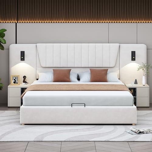 Moimhear Letto imbottito 180 x 200 cm, con schienale extra lungo, lampada da lettura con direzione regolabile, con porta di ricarica USB, letto idraulico, letto matrimoniale, tessuto di velluto