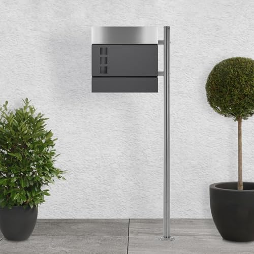 ECD Germany Standbriefkasten mit Zeitungsfach, Design Briefkasten mit Pfosten, Standfuß freistehend, Briefkastenanlage, Briefkastenständer Silber Edelstahl, Postkasten Anthrazit/Silber Edelstahl