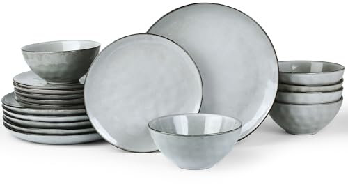 Richmount Ocean 18-Piece Dinner Set, Irregularly Shaped Plates and Bowls Set, Dinner Sets for 6 People, Reactive Glaze Dinnerware Sets, Dishwasher&Microwave Safe, Stylish&Durable, Service for 6, Grey