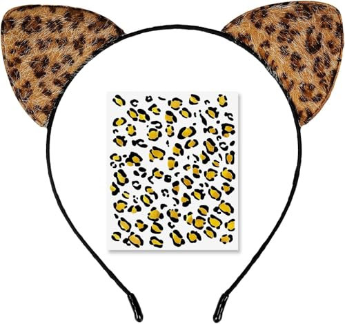 LUYANFX 2 Stück Leopard Kostüm Set, Tier Leopard Ohren Stirnband mit Temporäre Tattoos,Leopard Kostüm Zubehör für Halloween Cosplay Partys, Karneval Party für Erwachsene (A)