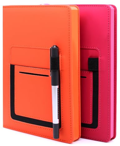 Aimeke 2 Stück Notizbuch A5 Liniert, Notizblock mit Vordertasche, 244 Seiten, 122 Blatt, Journal Buch, Notizbücher A5 Notebook für Schulen Büros, 21 × 14 cm (Orange+Rosenrot)
