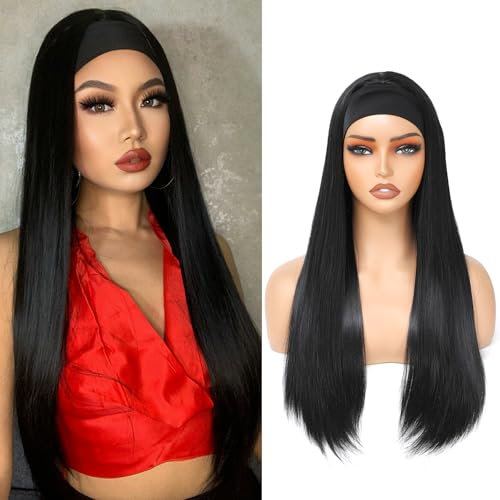 Yacurcur Glueless Headband Wig Loose Body Wavy Synthetic Hair Wig for Women Wave None Lace Front Wigs Black Color Headband Wigs 150% Density Black Color 28 Inch