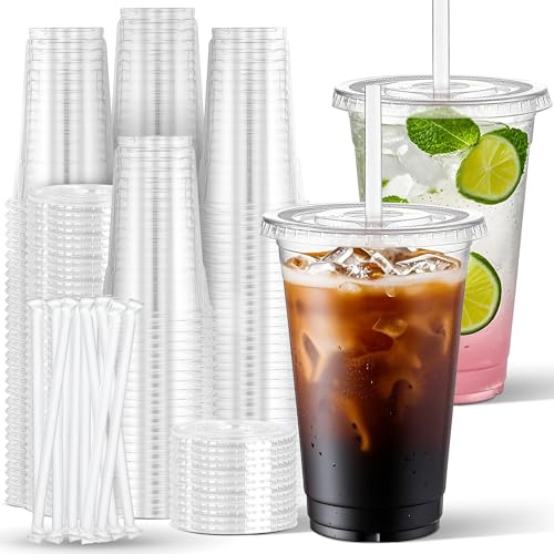 Charmount 24 oz Clear Plastic Cups with Lids and Straws