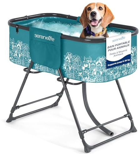 SereneLife Hundebadewanne, Erhöhte & Faltbare Badewanne mit 3-Punkt-Gurt, Ablauf & Seitentaschen, Ideal für Reisen, Balkon & Zuhause, Für Haustiere bis 59 kg