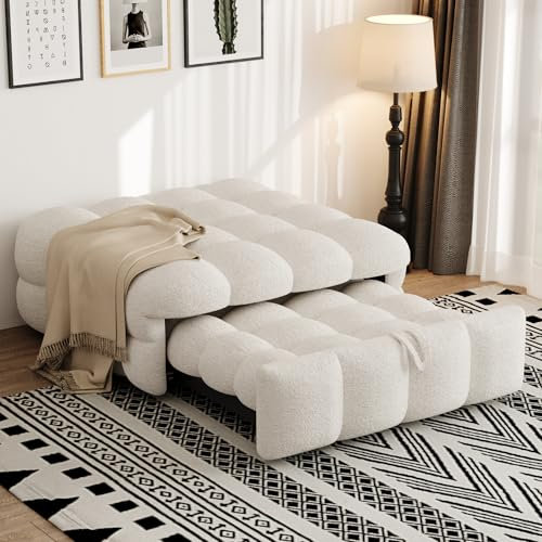 Kebnor Polsterbett, 2-in-1-Fußhocker, Ausziehbares Schlafsofa, Einzelbett, Puffy-Bett,Teddy-Stoff (Beige)