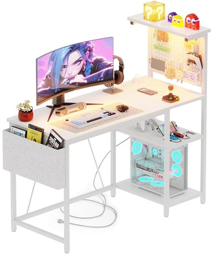 Xyphren Gaming Desk 120 x 50 cm with Pegboard & Power Outlet & LED Light, Small Computer Desk with Reversible Shelves for Corner Home Office Desk, White