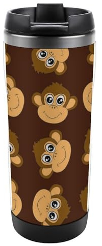 Qjjinxior 13oz/380ml Stainless Steel Insulated Travel Coffee Cup, Monkey Pattern Travel Mug with Leakproof Lid, Non-Slip Bottom