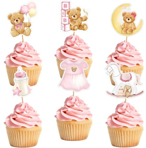 24 Pcs Adorable Pink Bear Cupcake Toppers - Perfect for Baby Showers & Gender Reveal Parties (Birthday Decorations Included)