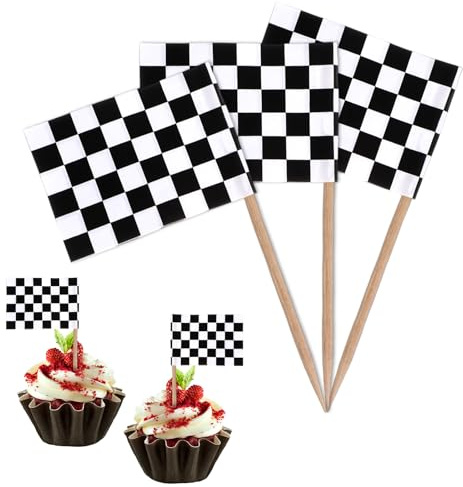 100 Stück Karierte Rennflagge Zahnstocher - Schwarz-Weiß Cupcake Picks für Rennwagen-Party, Geburtstag, Hochzeit, Tischdekoration