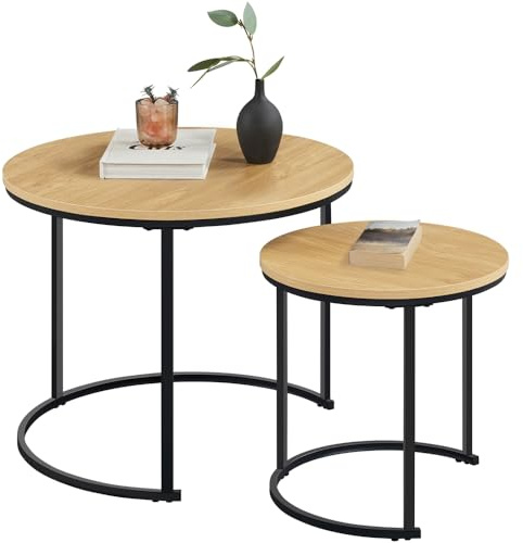 Yaheetech Couchtisch 2er Set Beistelltisch Runder Satztisch Sofatisch Eiche | Moderner Wohnzimmertisch mit Metallgestell – vielseitiger Kleine Kaffeetisch für Wohnzimmer, Schlafzimmer & Büro