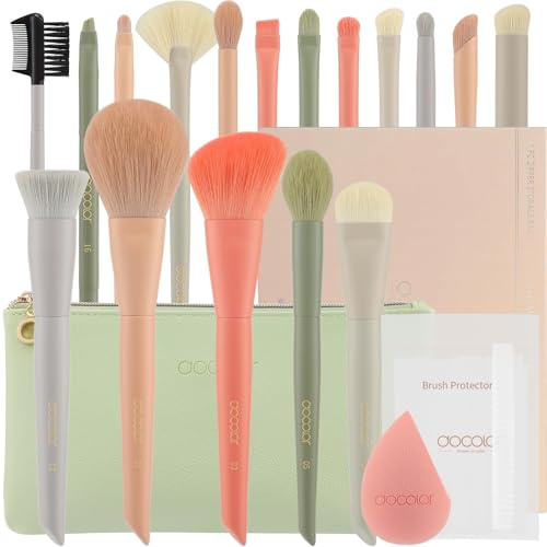 docolor Makeup Brushes 17+2 Pcs Morandi Makeup Brush Set | Make up Brush with Makeup Bag Makeup Sponge and Brush Protector Premium Synthetic hair makeup brush Wooden handle Gift Box