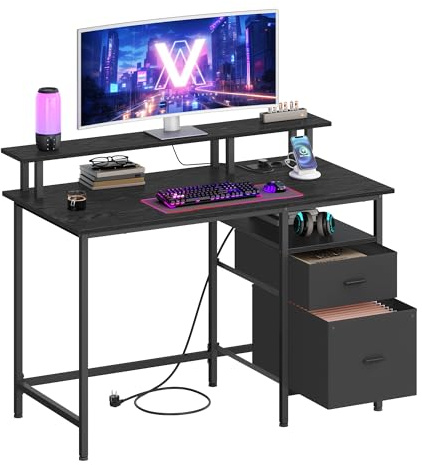 VASAGLE Gaming-Schreibtisch, mit Schubladen aus Stoff, Computertisch mit Bildschirmhalterung, Mehrfachsteckdose, 2 USB-Anschlüsse, für Heimbüro, 120 x 60 cm, Schwarz Holz LWD093B01V1