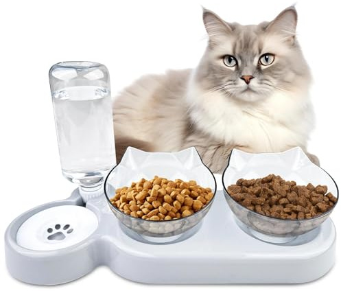 Comzantor 3 en 1 Gamelle Chat Eau, À 15° Gamelle pour Chat Surélevée, Grise | Mangeoirs et Abreuvoirs pour Chats, Gamelle Surelevee pour Chat Distributeur, Bol Chat, Mangeoire Chat