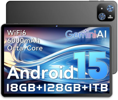Tablette Android 15 10.1 Pouces Noir, Gemini AI, T30 Octa-Core, 18GB RAM (6+12) 128GB, Écran IPS 1280x800, Batterie 6000mAh, WiFi 2.4/5G, GPS, GMS, Face ID, Type-C, BT, TF jusqu’à 1TB, Jack 3.5mm