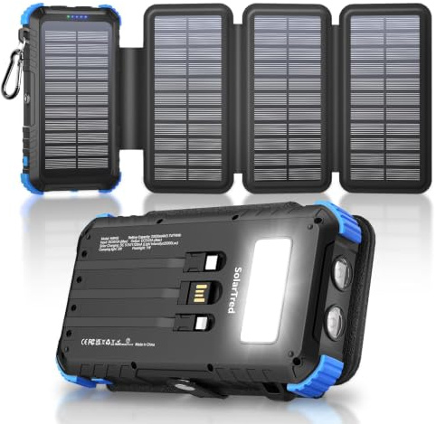 Solar Power Bank 20000mAh with 4 Panels, Portable Solar Charger with Build-in 3 Cables for iPhone, USB C in/Output 15W Fast Charging External Battery Pack with Flashlight and Camping Light
