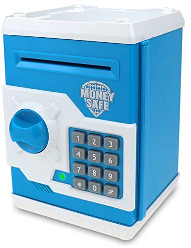 Qwifyu Piggy Bank for Boys Girls, 4 5 6 7 8 9 10 Year Old Girl Boy Birthday Gift Ideas, Electronic Password Money Saving Box ATM, Great Gift Safe Bank Toys for Kids (Blue White)