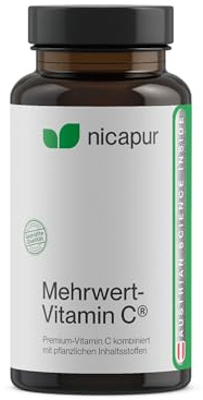 nicapur Mehrwert-Vitamin C - Vitamin C aus der nicht-sauren Verbindung Ester-C und mit Camu-Camu-Extrakt. Mit Bioflavonoiden aus Citrus. Reinsubstanz ohne Zusatzstoffe. 60 Kapseln.