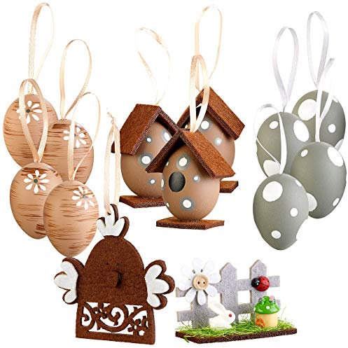 infactory Ostereier zum Aufhängen: 13-teiliges Oster-Deko-Set zum Aufhängen, in Aufbewahrungsbox aus Holz (Osterartikel, Deko Ostereier, Figuren)
