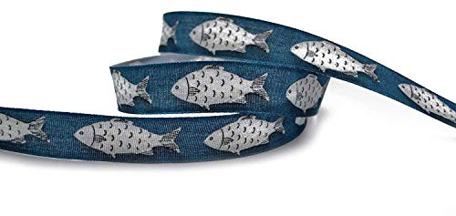 3 m x 25 mm Dekoband MARITIM FISCHE DENIM BLAU Schleifenband Kommunion Fisch Geschenkband Jeansblau Deko Band Tischdeko Natur Geburtstag Stoffband formstabil