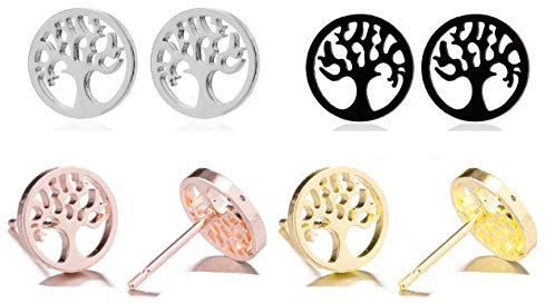 MixiuEuro Women Girls Life Tree Earrings 4Pairs Gold Plated Stainless Steel Tree of Life Stud Earrings set Gift For Girls Child Boy Nickel Free