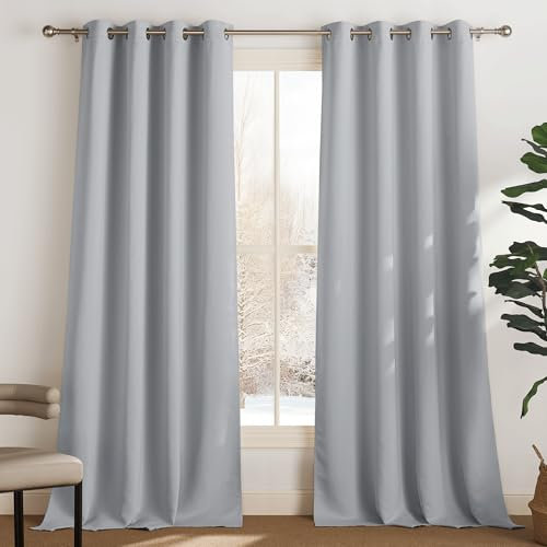 PONY DANCE Verdunklungsgardine Thermovorhang Hitzeschutz mit Ösen 2er Set H 240 x B 140 cm Wärmeisolierende Vorhänge Wohnzimmer Modern Ösenschal Blickdicht, Silbergrau
