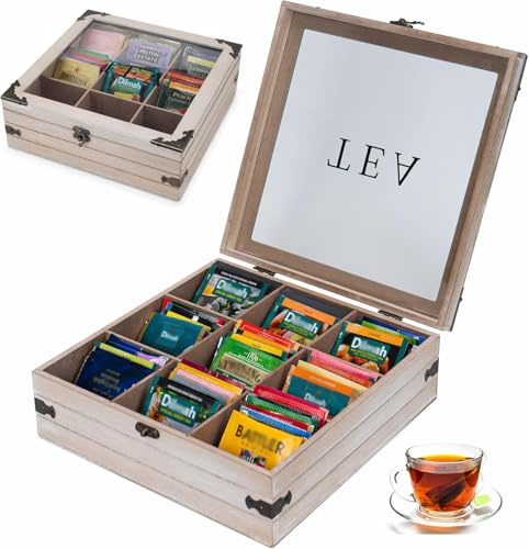 AHUONEL Tea Box Organizer - 9 Compartment Rustic Storage Box, Holder for Tea Bags, Coffee Pods, Instant Coffee Packets, Creamers, Sugar (Gray)