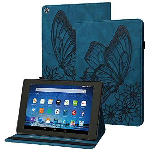 Rostsant Funda Kindle Fire HD8 2015/2016/2017/2018 Carcasa de Cuero PU Relieve de Mariposa con Soporte para Bolígrafo Funda Tableta para Kindle Fire HD8 2015/2016/2017/2018 - Azul Marino