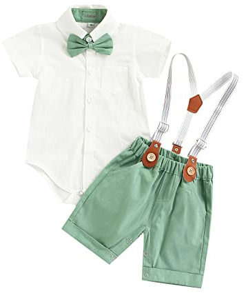 Geagodelia 2 Pezzi Completo Bambino Estivo Tutina Neonato Polo con Manica Corta+Pantaloncini con Bretelle Abito Neonato Gentiluomo Tuta Bambino Elegante (Verde, 18-24 Mesi)