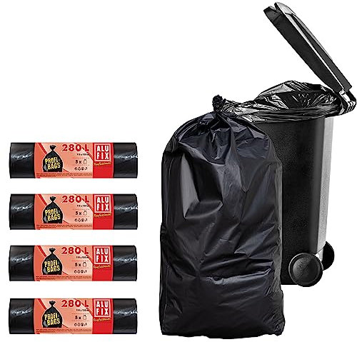 Extra Starke Schwarze ALUFIX Müllsäcke 280L - 115x135 cm - 4 Rollen mit je 5 Stück - Extrem Reißfeste Schwarze Müllsäcke - Material LDPE - Mülltüten - Ideal für Gastronomie - Haushalt - Reparatur
