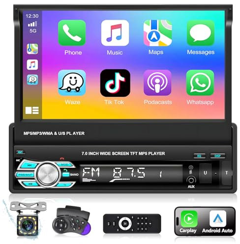 Podofo Radio de Coche 1 Din con Apple Carplay y Android Auto,Pantalla Táctil Retráctil de Radio MP5 de 7 Pulgadas para Automóviles con Bluetooth, FM,AUX,USB,SWC,Enlace Espejo + AHD Cámara de Retroceso