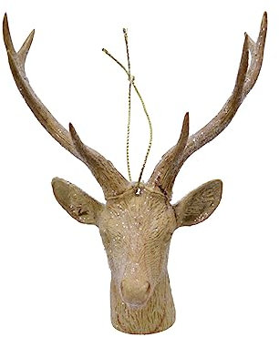Wood Grain Effect Glitter Stag/Deer Head Hanging Christmas Tree Decoration - 13 cm