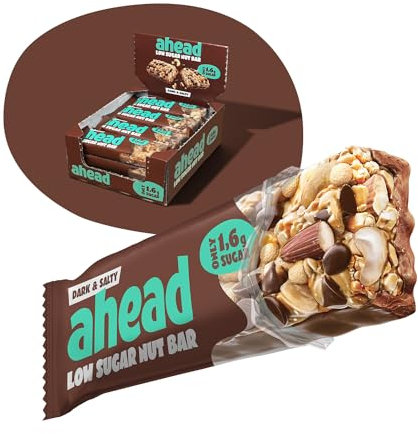 AHEAD Nut Bar | Nussriegel Müsliriegel zuckerfrei mit Zartbitterschokolade, Cashewkernen & Meersalz-Flocken - 12x35g mit nur 1,7g Zucker pro Riegel - Dark & Salty