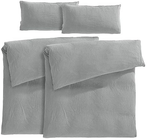 Pure Label Musselin Bettwäsche 155x220 4 teilig bestehend aus Bettbezug 155 x 220 cm 2er Set + Kissenbezug 40x80 cm 2er Set aus Baumwolle - Traumhaft kuschelige Bettwäsche-Sets in grau