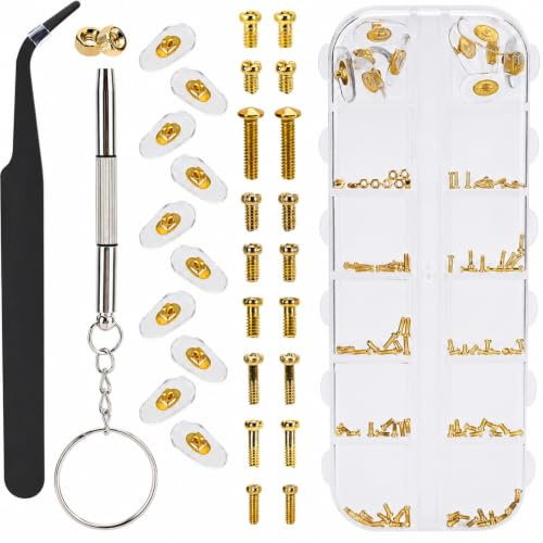 PFCKE Eyeglasses Repair Kit - Contains 5 Pairs of Nose Pads, 10 Kinds of Gold Color Screws, Nuts, Screwdriver, Tweezers, for Eyeglasses, Sunglasses, Presbi