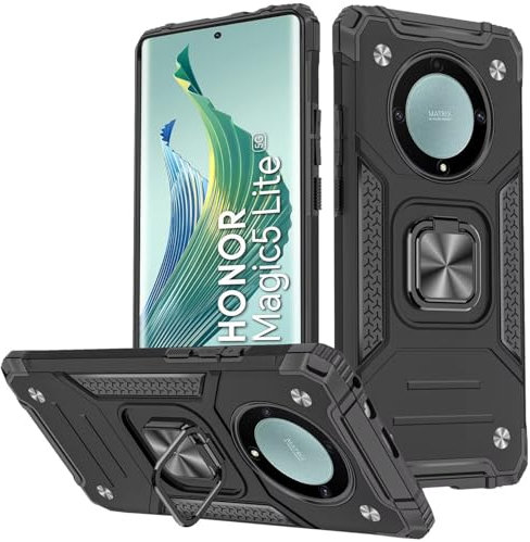 KANSi Cover per Honor Magic 5 Lite 5G, Custodie Silicone TPU 360° Rotante Anello Magnetica Anello Ring Supporto Bumper - Nero