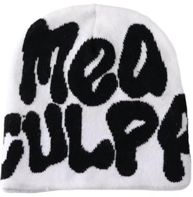 YUERFEILA Damen Graphic Beanie Skull Hat MEA Culpa Y2K Strickmütze Warme Wintermütze für Geschenke, Mea-Weiß & Schwarz, Einheitsgröße