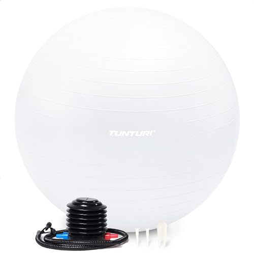 Tunturi Anti Burst Fitnessball mit Pumpe - Yoga-Ball 75 cm - Pilates-Ball - Schwangerschaftsball – 220 kg Benutzergewicht - Inklusive Trainings-App – Weiß