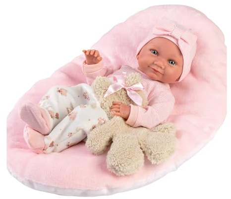 Llorens 1073808 Puppe Nica, mit blauen Augen, Babypuppe mit Vinyl-Körper, inkl. Outfit, Teddybär und rosa Kuschelkissen, Puppenmädchen, New Born, 40 cm