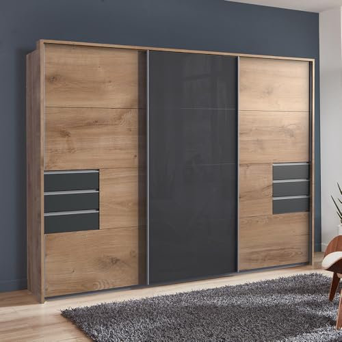 Lomadox Schlafzimmer Kleiderschrank Schwebetürenschrank 3-türig 270cm, inkl. Passepartoutrahmen, Eiche und Graphit mit grauem Glas