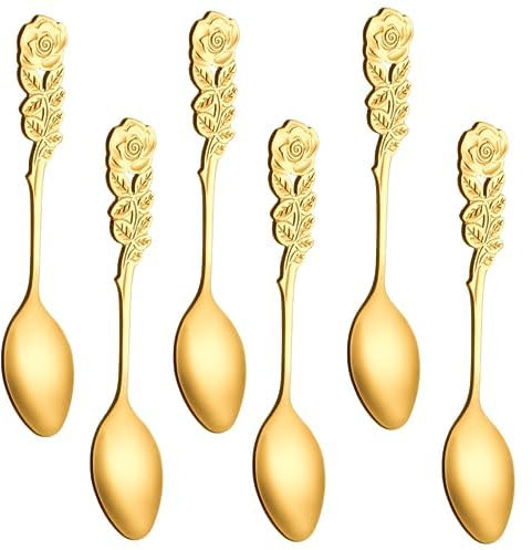 LINSIBEI Lot de 6 mini cuillères à café vintage avec poignée créative en forme de rose – Petites cuillères à thé et à dessert en acier inoxydable pour mélanger – Vaisselle de cuisine nordique