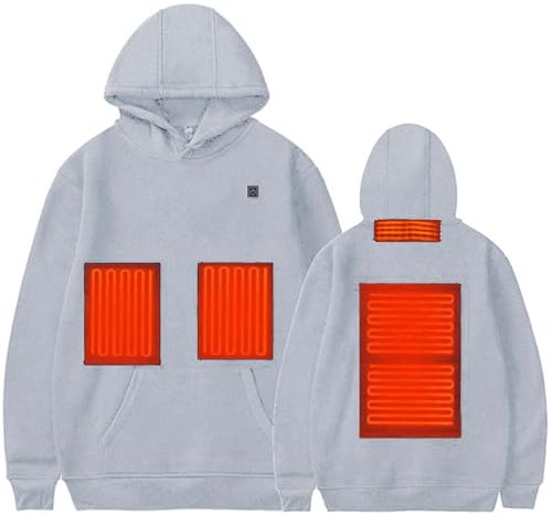 Men's 3 Heating Levels Body Warm Hooded Sweatshirt, Fleece Jacket With 4 Heating Zone Long Sleeve Pullover Hoodie Casual Plain Hoody Top With Pockets Winter Fleece Hoodie Jumper Sweater Coat Grey