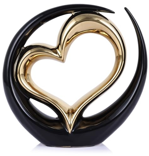 Oliruim Keramik-Herzstatue, schwarze Doppelherz-Skulptur – Hochzeits- und Valentinstagsmittelaufsatz oder Dekoration für Regale und Tisch (rund)