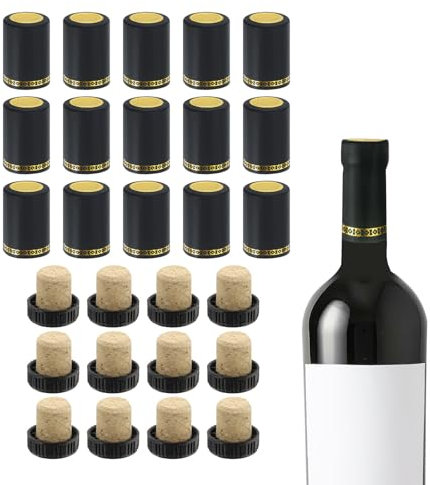 sourcing map 100Pcs PVC Heat Shrink Capsules with 12Pcs T-Shaped Cork Wine Stopper Wine Bottle Sealer Shrink Wrap Caps for Wine Glass Bottles, Wine Cellars, Home, 32x50mm, Olive Black